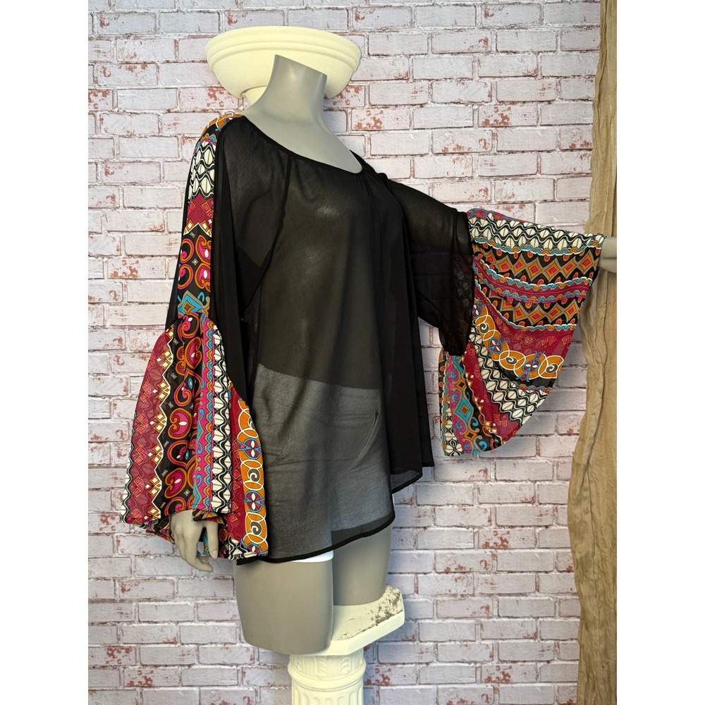 2tee Couture Black Sheer Chiffon Top Boho Festival Geometric Bell Sleeve